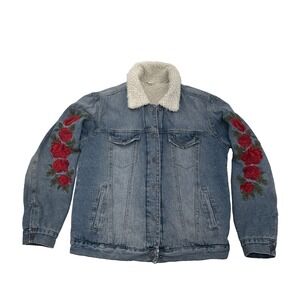 Tribal Roses Denim sherpa lined Blue jean jacket Women M western‎ Fairy Y2K boho
